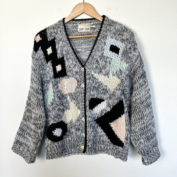 Vintage 80s Abstract Geometric Hand Knit Cardigan Women Size Medium Artsy Pastel - Picture 1 of 7